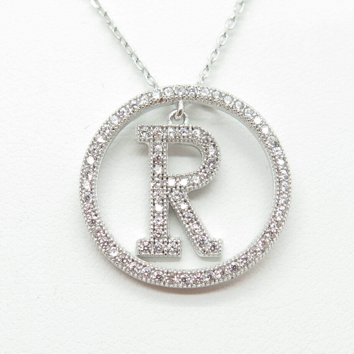 925 Sterling Silver Round-Cut C Z Letter "R" Initial Cable Chain Necklace 16-18"