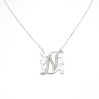 925 Sterling Silver Round-Cut C Z Letter "N" Ornate Cable Chain Necklace 16-18"