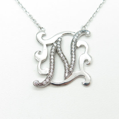 925 Sterling Silver Round-Cut C Z Letter "N" Ornate Cable Chain Necklace 16-18"