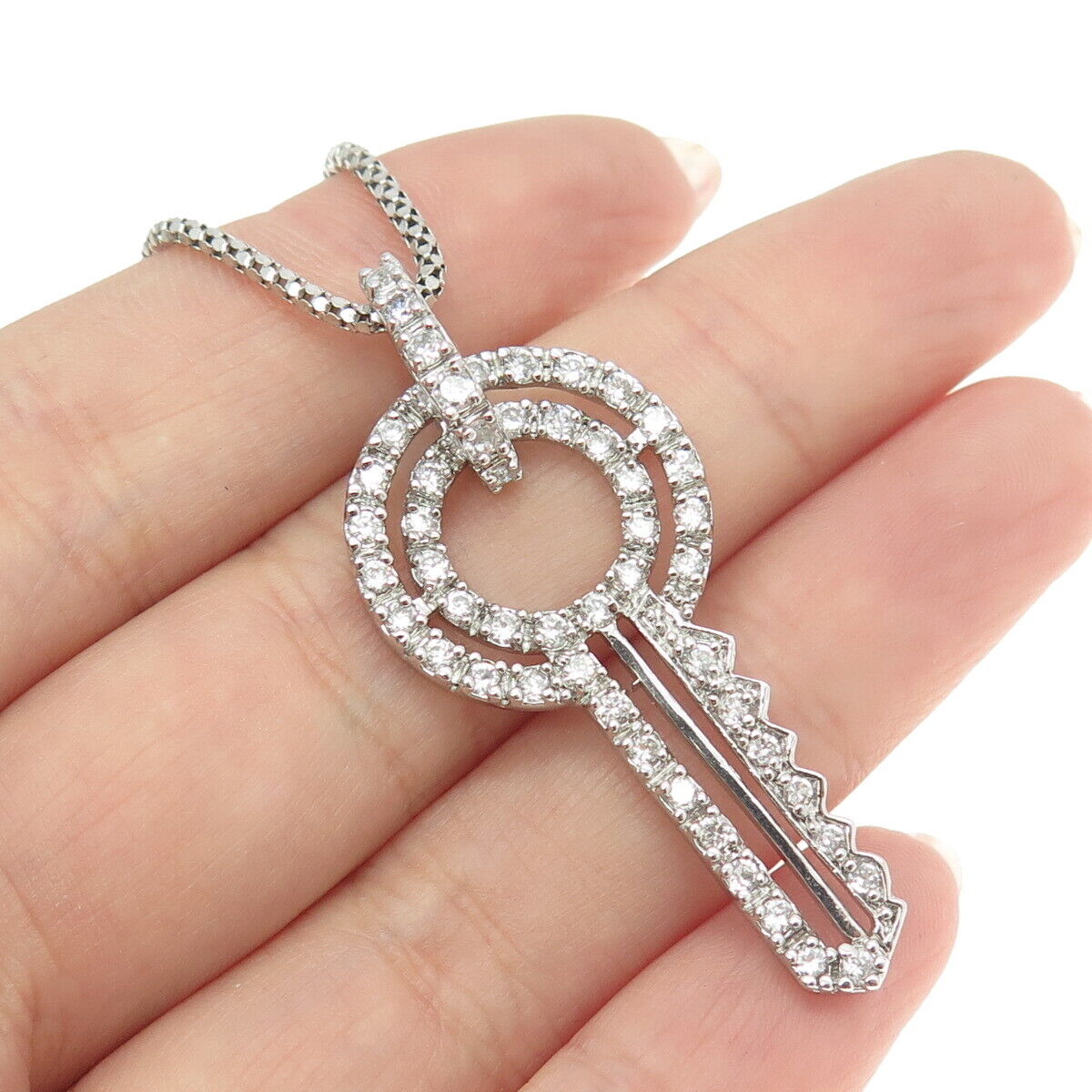 925 Sterling Silver Round-Cut C Z Key Flat Popcorn Chain Necklace 16"