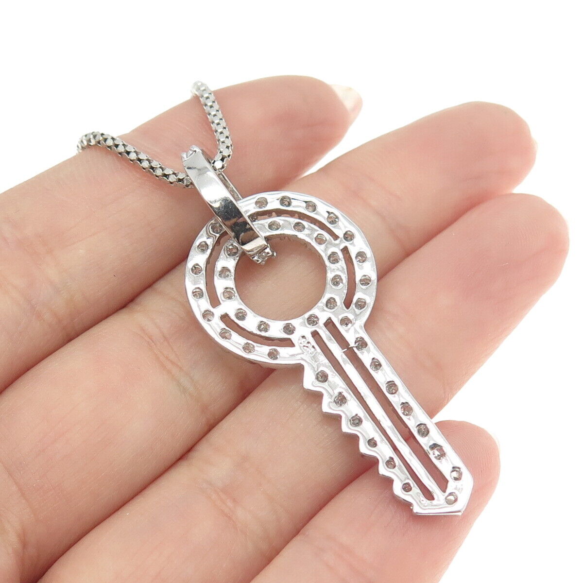 925 Sterling Silver Round-Cut C Z Key Flat Popcorn Chain Necklace 16"