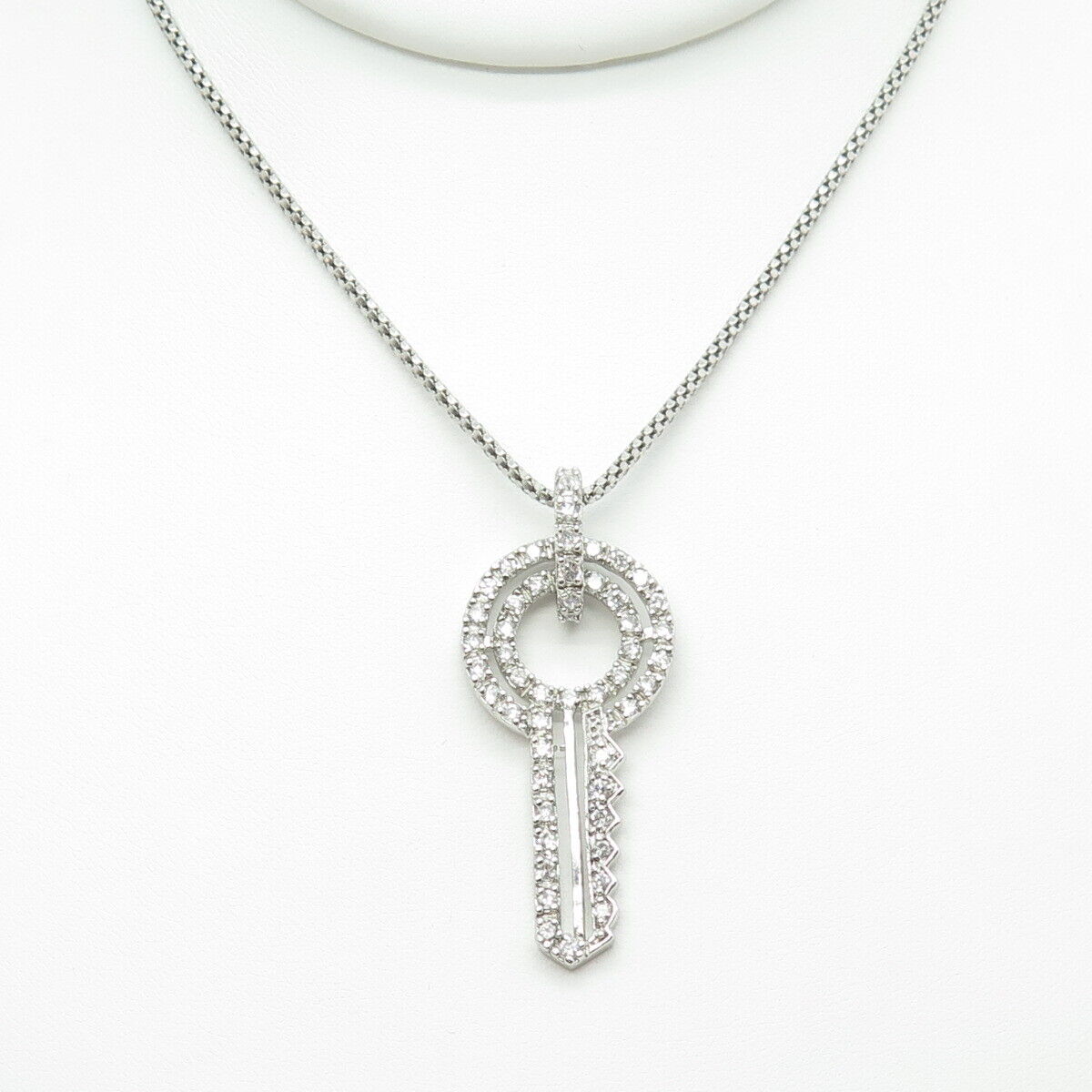 925 Sterling Silver Round-Cut C Z Key Flat Popcorn Chain Necklace 16"