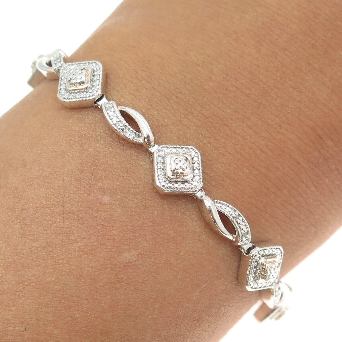 925 Sterling Silver Real Round-Cut Diamond Modernist Link Bracelet 7"