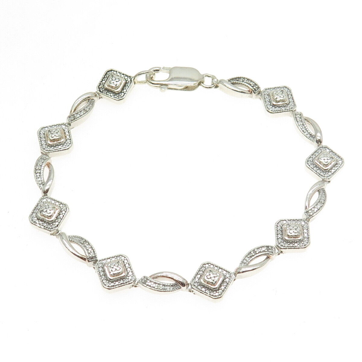 925 Sterling Silver Real Round-Cut Diamond Modernist Link Bracelet 7"