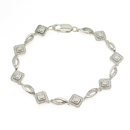 925 Sterling Silver Real Round-Cut Diamond Modernist Link Bracelet 7"