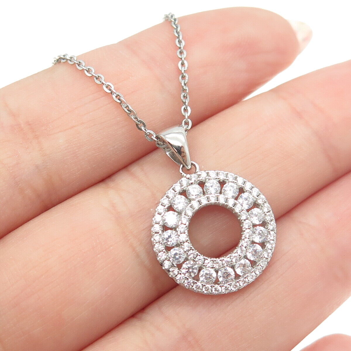 925 Sterling Silver Round-Cut C Z Floral Circle Cable Chain Necklace 18"