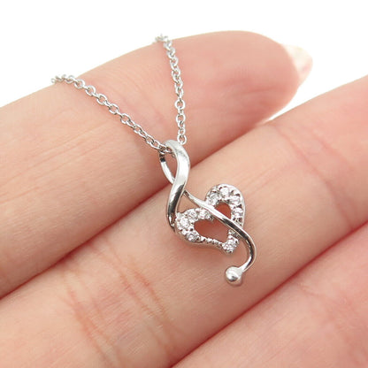 925 Sterling Silver Round-Cut C Z Treble Clef Heart Cable Chain Necklace 16-18"