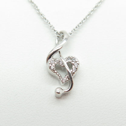 925 Sterling Silver Round-Cut C Z Treble Clef Heart Cable Chain Necklace 16-18"