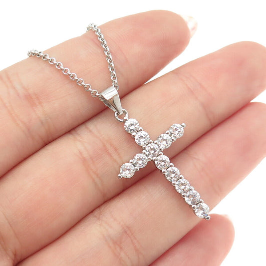 925 Sterling Silver Italy Round-Cut C Z Cross Rolo Chain Necklace 16"