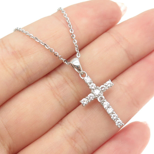 925 Sterling Silver Italy Round-Cut C Z Cross Cable Chain Necklace 16"