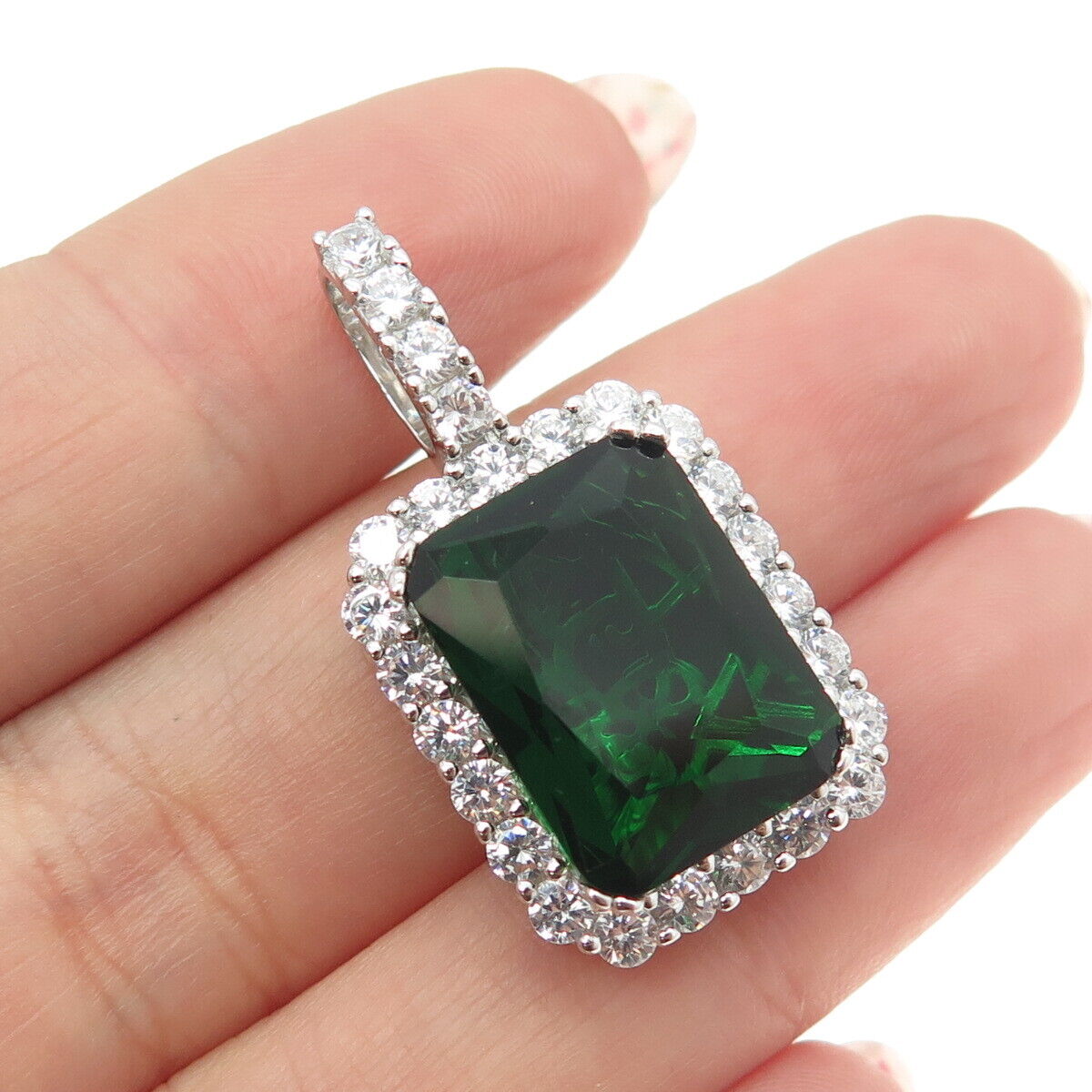 925 Sterling Silver Radiant-Cut Green Glass & Round-Cut C Z Pendant