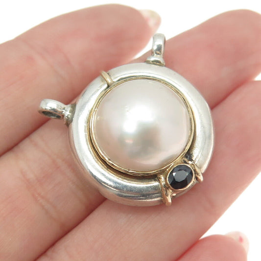 14K Gold & 925 Sterling Silver Vintage Real Pearl Sapphire Centerpiece Pendant