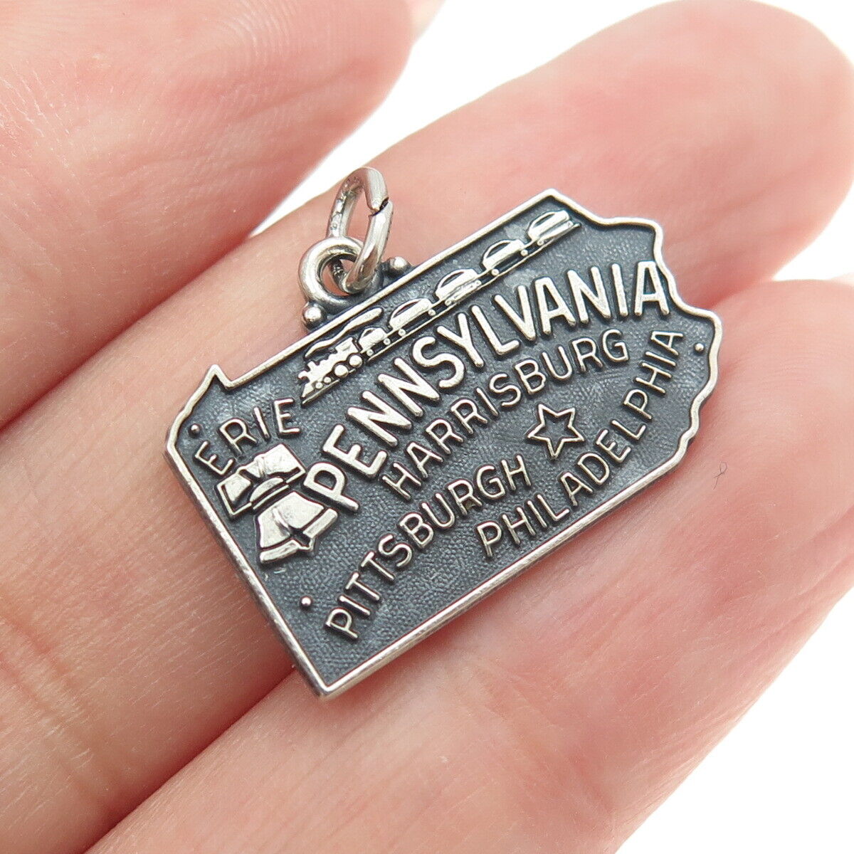 J.M. FISHER 925 Sterling Silver Vintage Pennsylvania State Map Charm Pendant