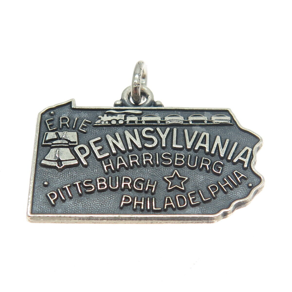 J.M. FISHER 925 Sterling Silver Vintage Pennsylvania State Map Charm Pendant