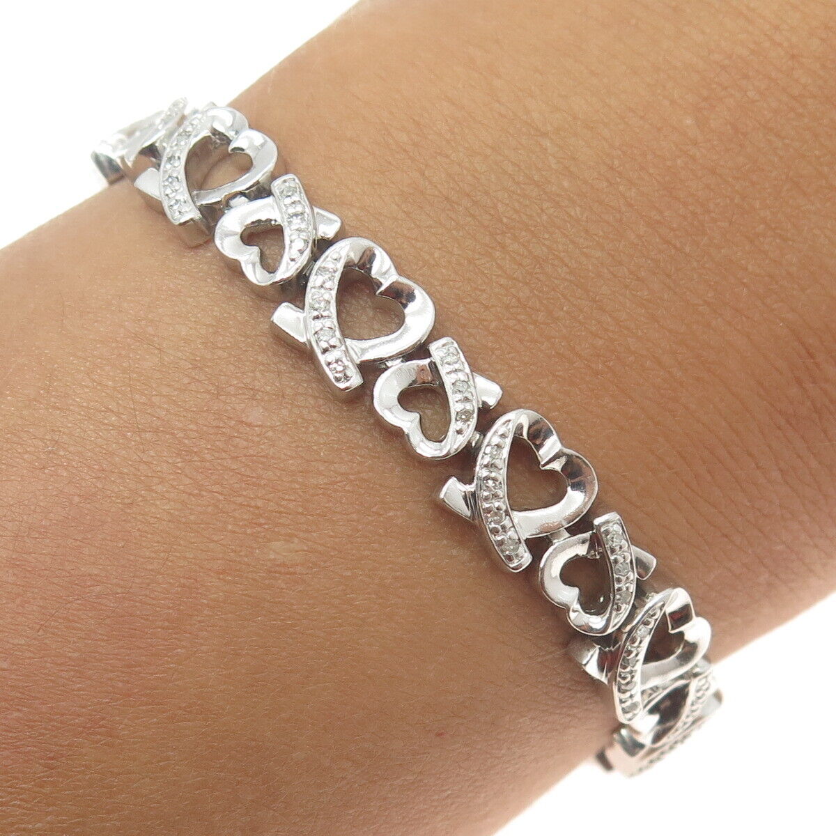 925 Sterling Silver Real Round-Cut Diamond Loving Heart Link Bracelet 7.5"