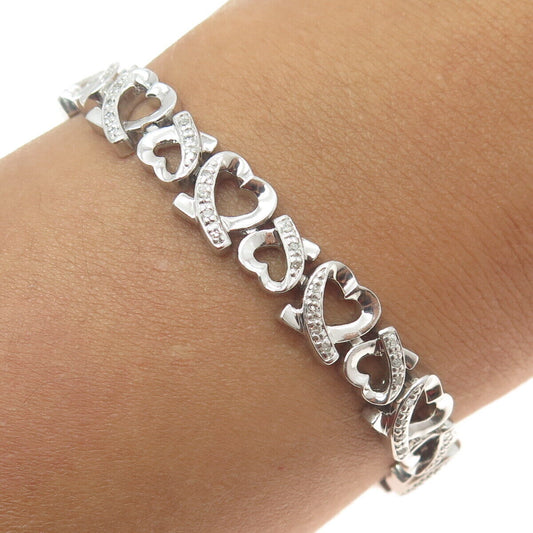 925 Sterling Silver Real Round-Cut Diamond Loving Heart Link Bracelet 7.5"