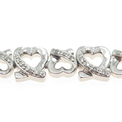 925 Sterling Silver Real Round-Cut Diamond Loving Heart Link Bracelet 7.5"