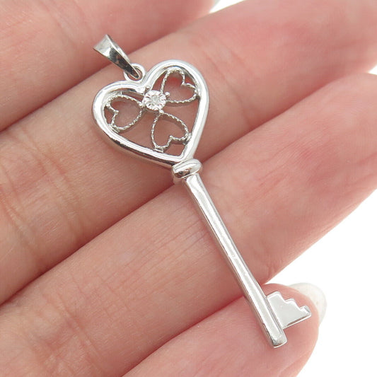 925 Sterling Silver Real Diamond Accent Clover Heart Key Pendant