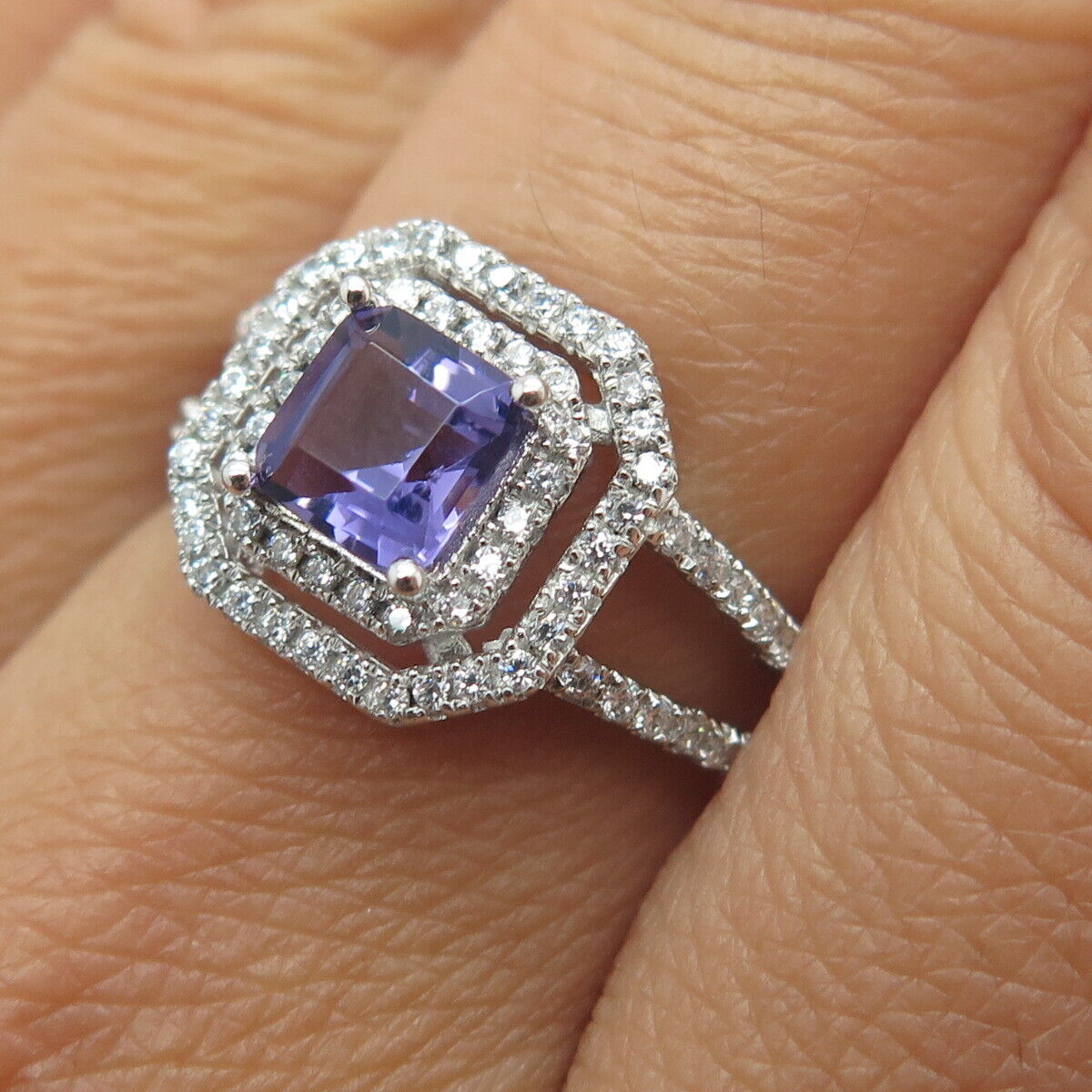 925 Sterling Silver Real Amethyst Gemstone & C Z Ring Size 7