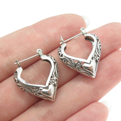 925 Sterling Silver Vintage Signature Scroll Heart Hoop Earrings