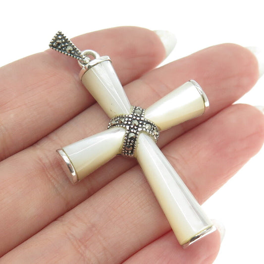 925 Sterling Silver Vintage Real Mother-of-Pearl & Marcasite Gem Cross Pendant