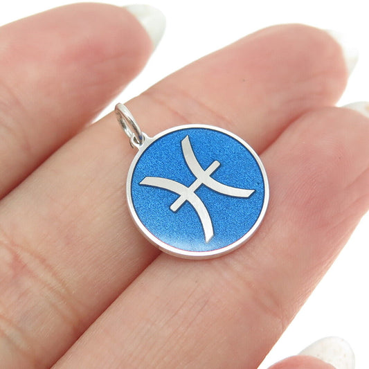 925 Sterling Silver Blue Enamel Pisces Zodiac Round Tag Minimalist Charm Pendant