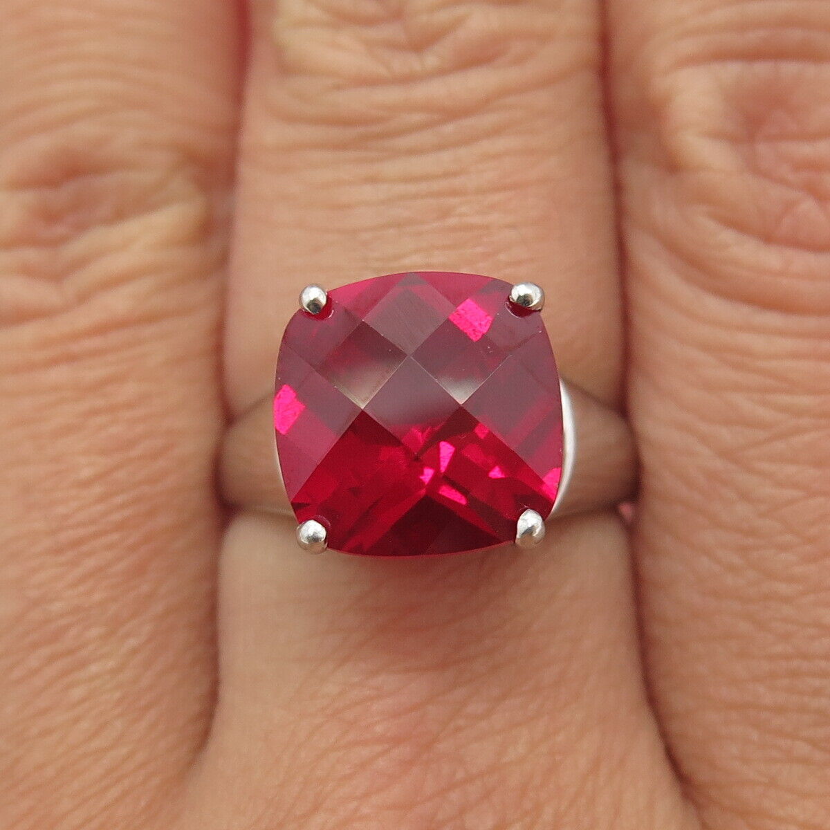 CLYDE DUNEIER CID 925 Sterling Silver Lab-Created Cushion-Cut Ruby Ring Size 7