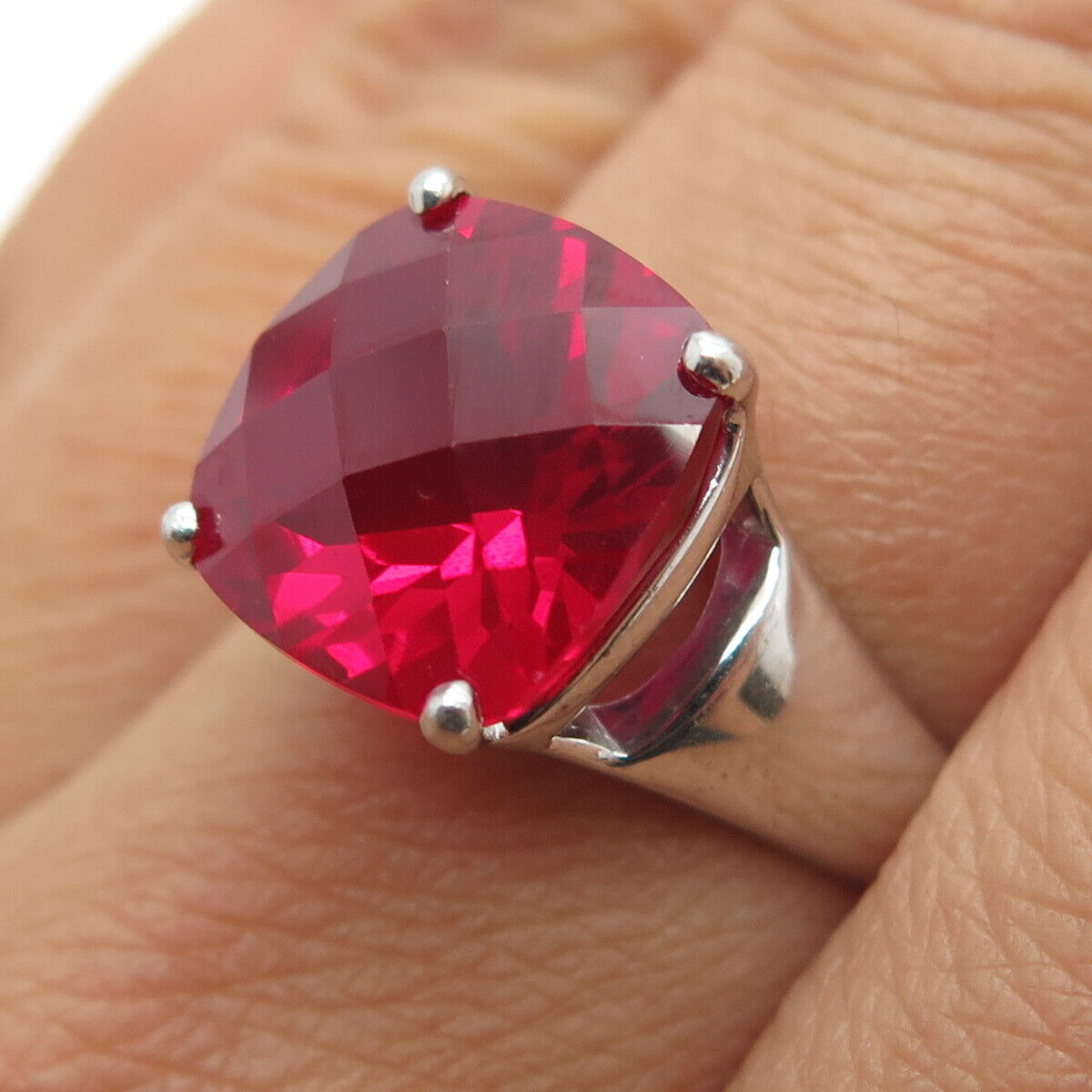 CLYDE DUNEIER CID 925 Sterling Silver Lab-Created Cushion-Cut Ruby Ring Size 7