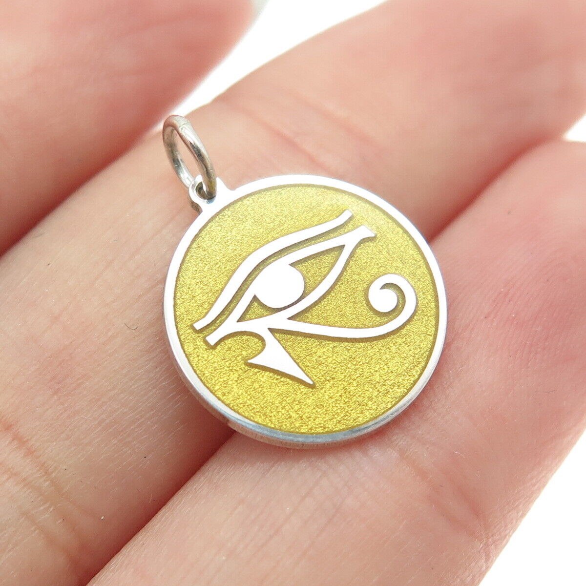 925 Sterling Silver Yellow Enamel Eye of Horus Round Minimalist Charm Pendant