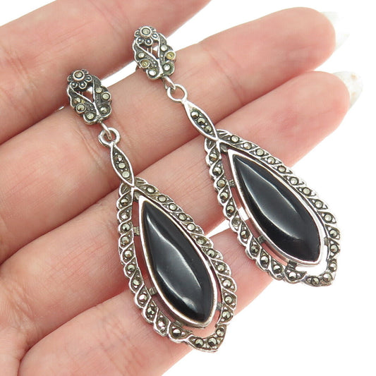 925 Sterling Silver Vintage Black Onyx & Marcasite Gem Art-Deco-Style Earrings