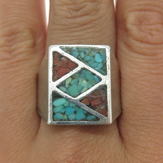 Old Pawn Sterling Silver Vintage Turquoise & Coral Inlay Tribal Ring Size 10.75