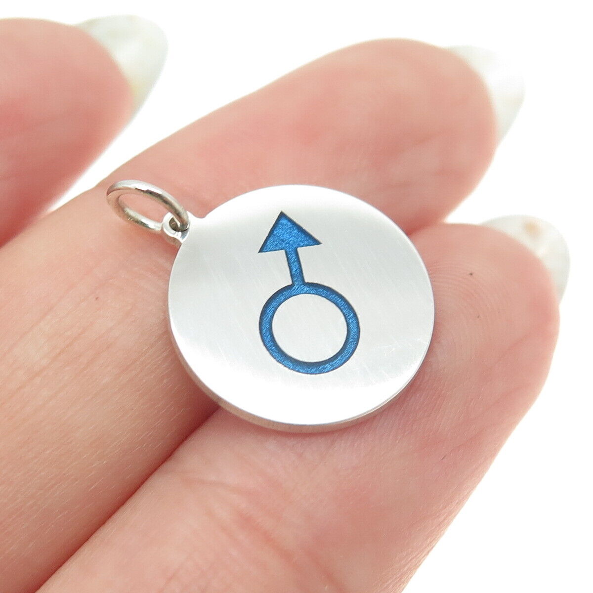 925 Sterling Silver Blue Enamel Male Symbol Round Tag Minimalist Charm Pendant