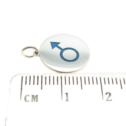 925 Sterling Silver Blue Enamel Male Symbol Round Tag Minimalist Charm Pendant