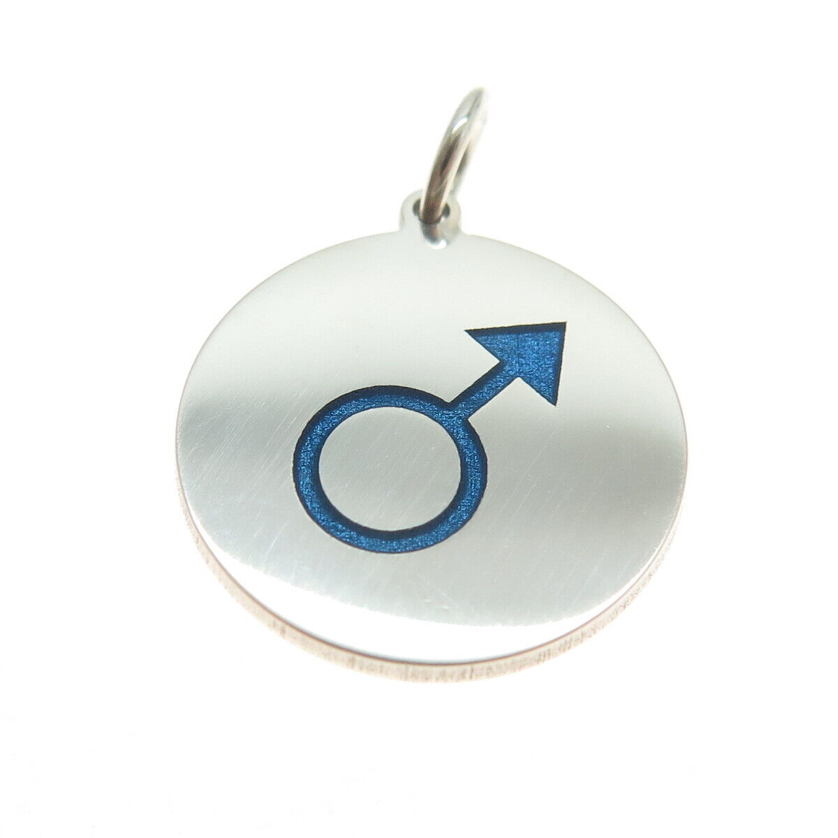 925 Sterling Silver Blue Enamel Male Symbol Round Tag Minimalist Charm Pendant