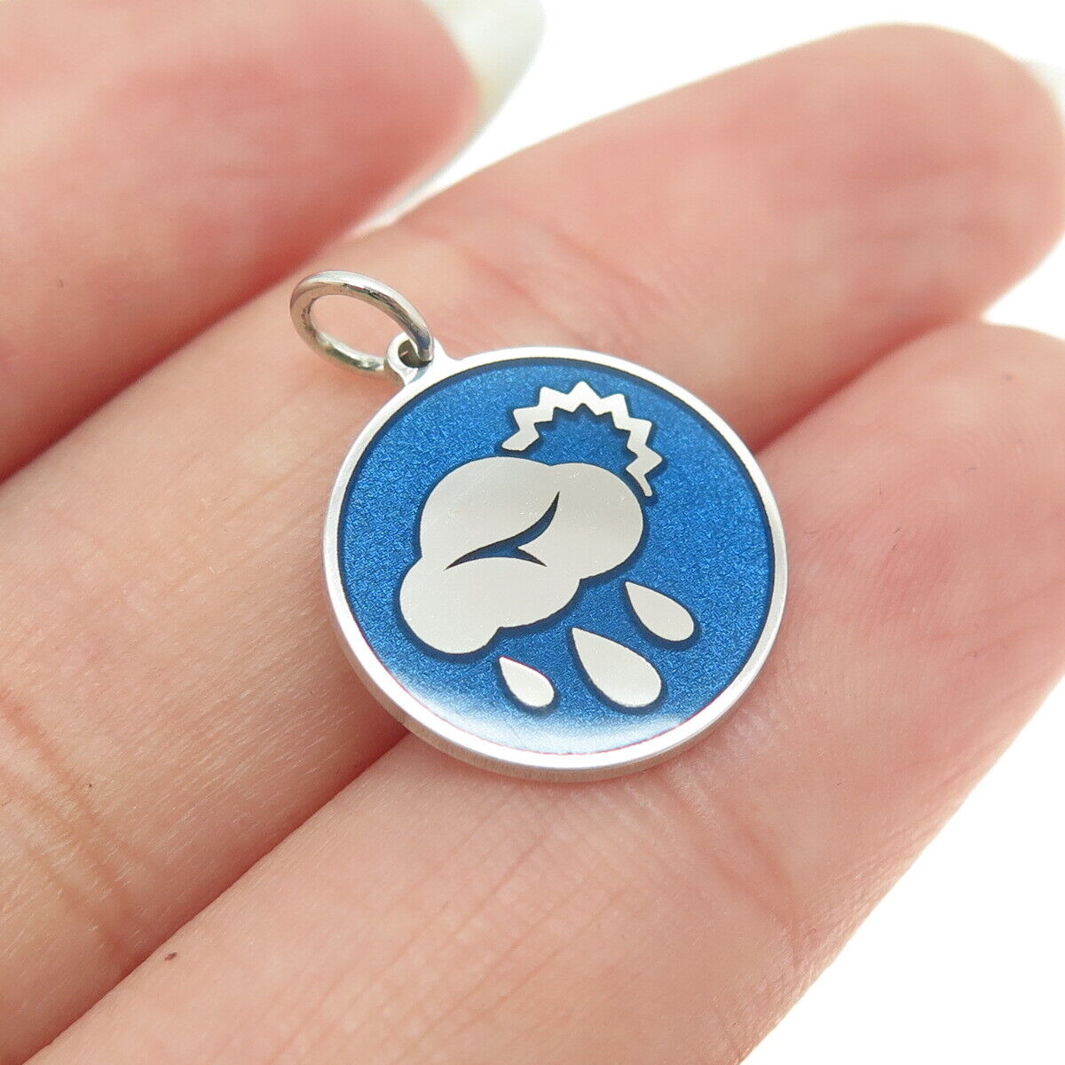 925 Sterling Silver Blue Enamel Rainy Cloud & Sun Round Minimalist Charm Pendant