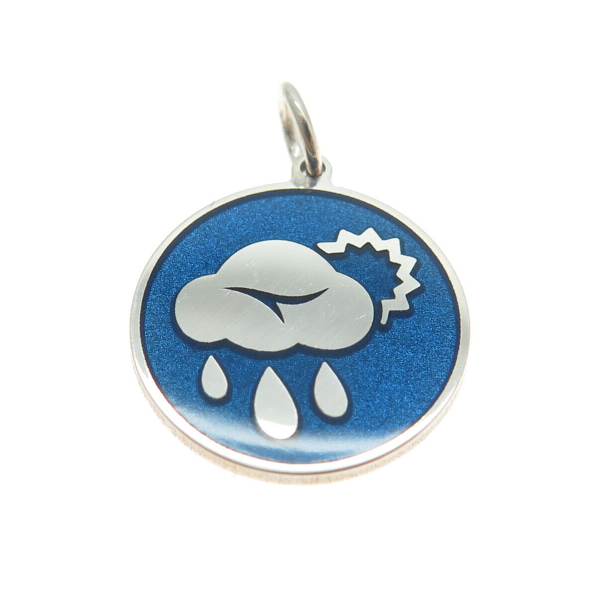 925 Sterling Silver Blue Enamel Rainy Cloud & Sun Round Minimalist Charm Pendant