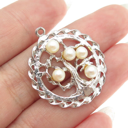 925 Sterling Silver Vintage Real Pearl Tree of Life Round Pendant