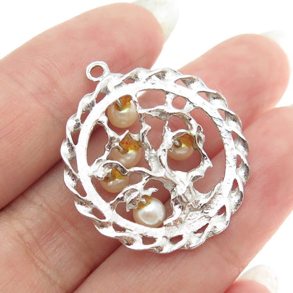 925 Sterling Silver Vintage Real Pearl Tree of Life Round Pendant