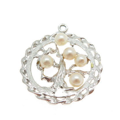 925 Sterling Silver Vintage Real Pearl Tree of Life Round Pendant