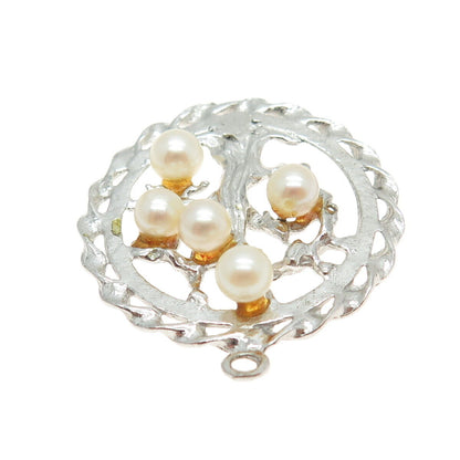 925 Sterling Silver Vintage Real Pearl Tree of Life Round Pendant