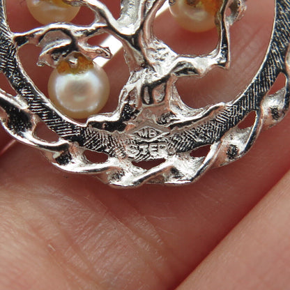 925 Sterling Silver Vintage Real Pearl Tree of Life Round Pendant