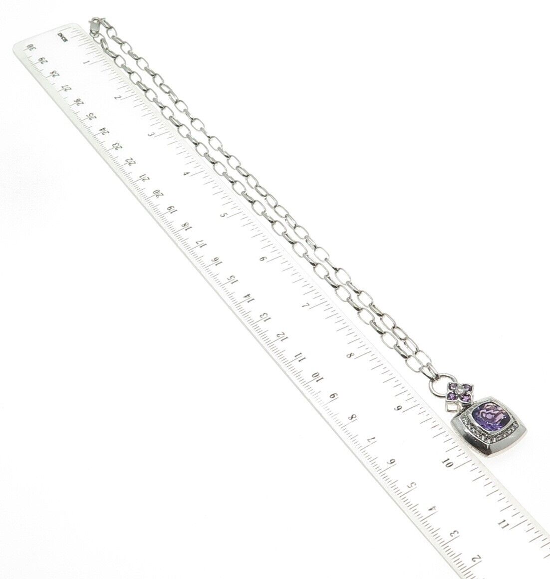 SAI 925 Sterling Silver Real White Topaz & Amethyst Gem Cable Chain Necklace 18"