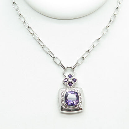 SAI 925 Sterling Silver Real White Topaz & Amethyst Gem Cable Chain Necklace 18"