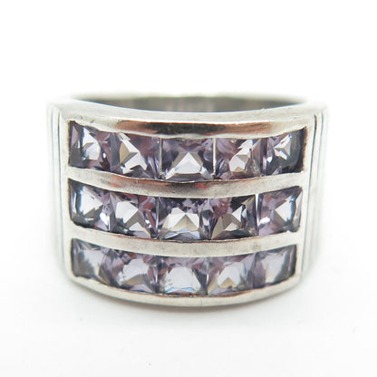 925 Sterling Silver Vintage Real Princess-Cut Amethyst 3-Row Ring Size 6