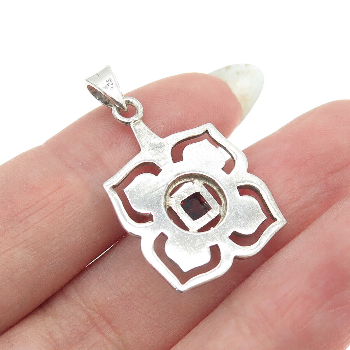 925 Sterling Silver Vintage Real Red Garnet Modernist Flower Pendant