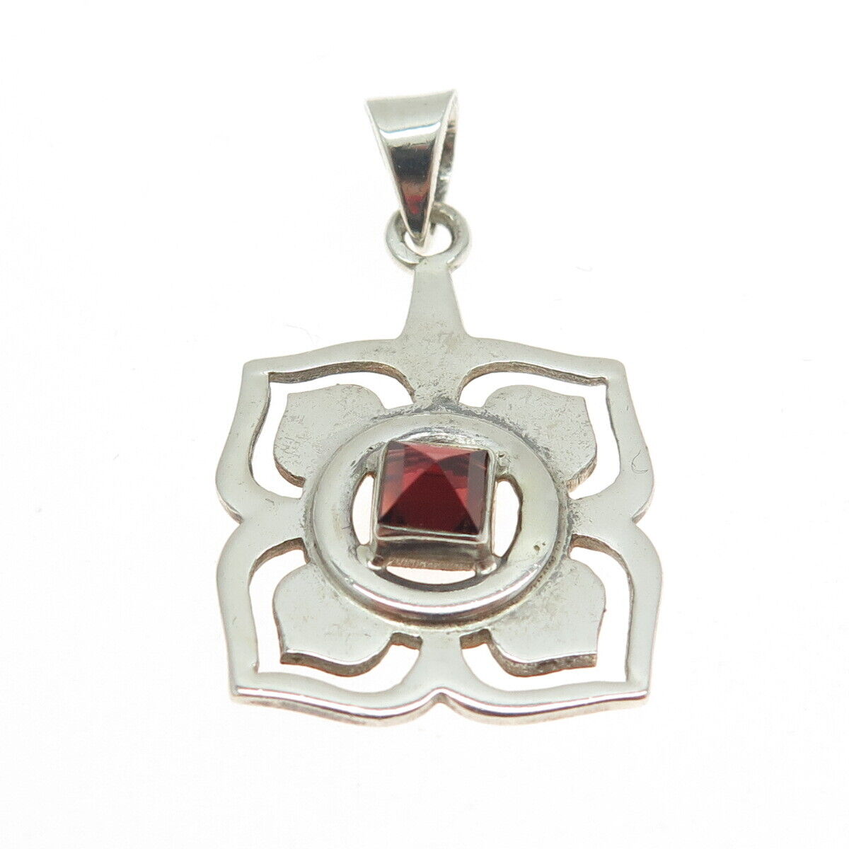 925 Sterling Silver Vintage Real Red Garnet Modernist Flower Pendant