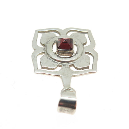 925 Sterling Silver Vintage Real Red Garnet Modernist Flower Pendant