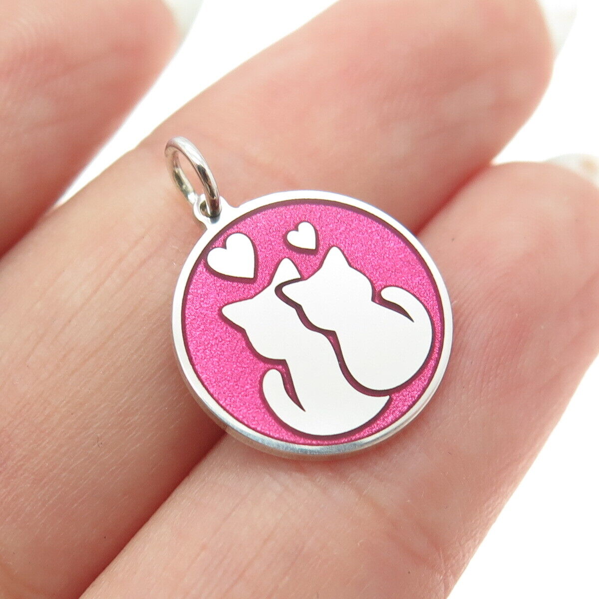 925 Sterling Silver Pink Enamel Cat Love Round Tag Minimalist Charm Pendant