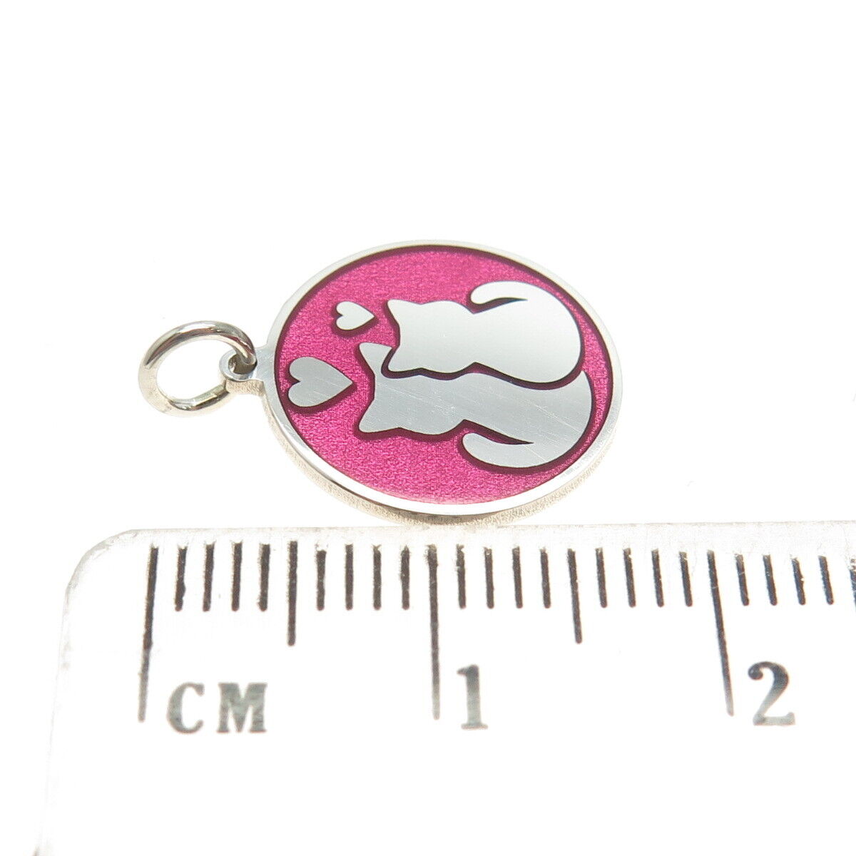 925 Sterling Silver Pink Enamel Cat Love Round Tag Minimalist Charm Pendant