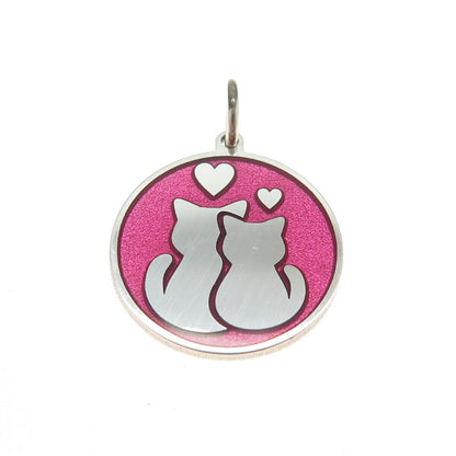 925 Sterling Silver Pink Enamel Cat Love Round Tag Minimalist Charm Pendant